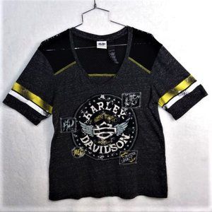 HARLEY DAVIDSON Black Yellow V-Neck Rhinestone Top